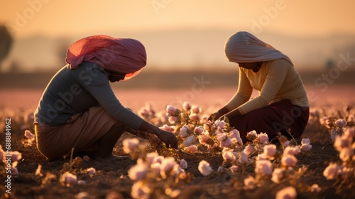 Sustainable Harvest: A Glimpse into Indian Women's Contribution to Cotton Farming - A Traditional Scene of Hardworking Women Cultivating Crops in the Rural Farmlands.

 photo