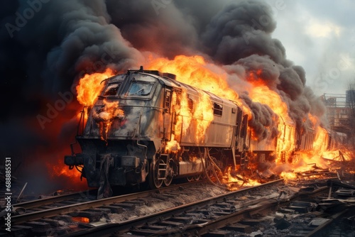Train Disaster: Fire and Accident on the Railway Line, Smoke and Flames Engulfing the Scene, Emergency Response and Rescue Operations Underway.