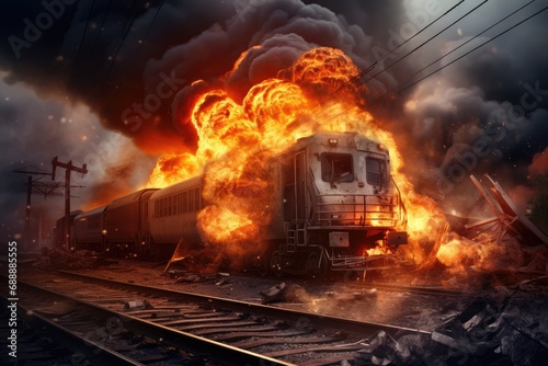 Train Disaster: Fire and Accident on the Railway Line, Smoke and Flames Engulfing the Scene, Emergency Response and Rescue Operations Underway.