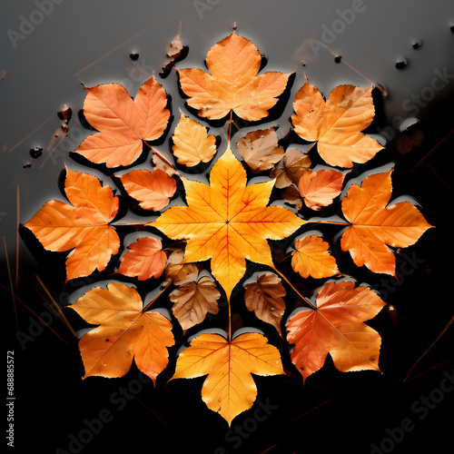 A symmetrical arrangement of autumn leaves on a pond