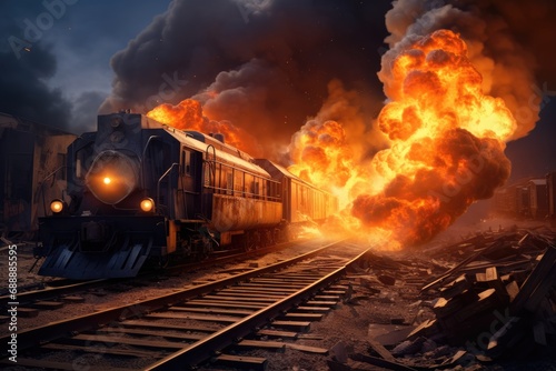 Train Disaster: Fire and Accident on the Railway Line, Smoke and Flames Engulfing the Scene, Emergency Response and Rescue Operations Underway.

