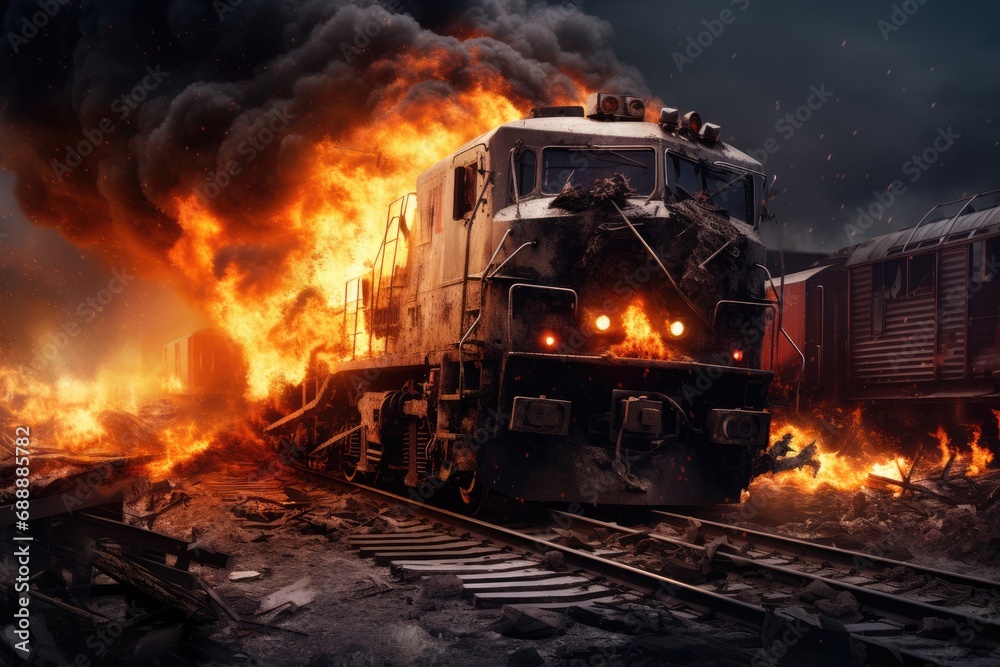 Train Disaster: Fire and Accident on the Railway Line, Smoke and Flames Engulfing the Scene, Emergency Response and Rescue Operations Underway.
Train Disaster: Fire and Accident on the Railway Line, Smoke and Flames Engulfing the Scene, Emergency Response and Rescue Operations Underway.