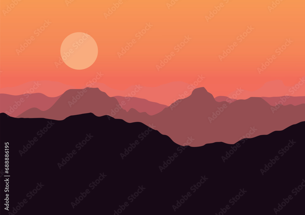 Fototapeta premium Silhouette of mountains at sunset. Vector illustration in flat style.
