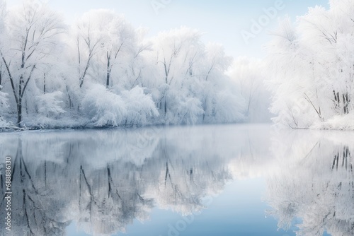Beautiful white winter wonderland scenery with crystal clear lake in forest on cold sunny day with blue sky and clouds. Frosty cold winter day. Big lake in the woods. Winter Christmas landscape