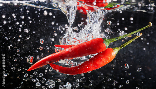 Red hot pepper in water splash over black background