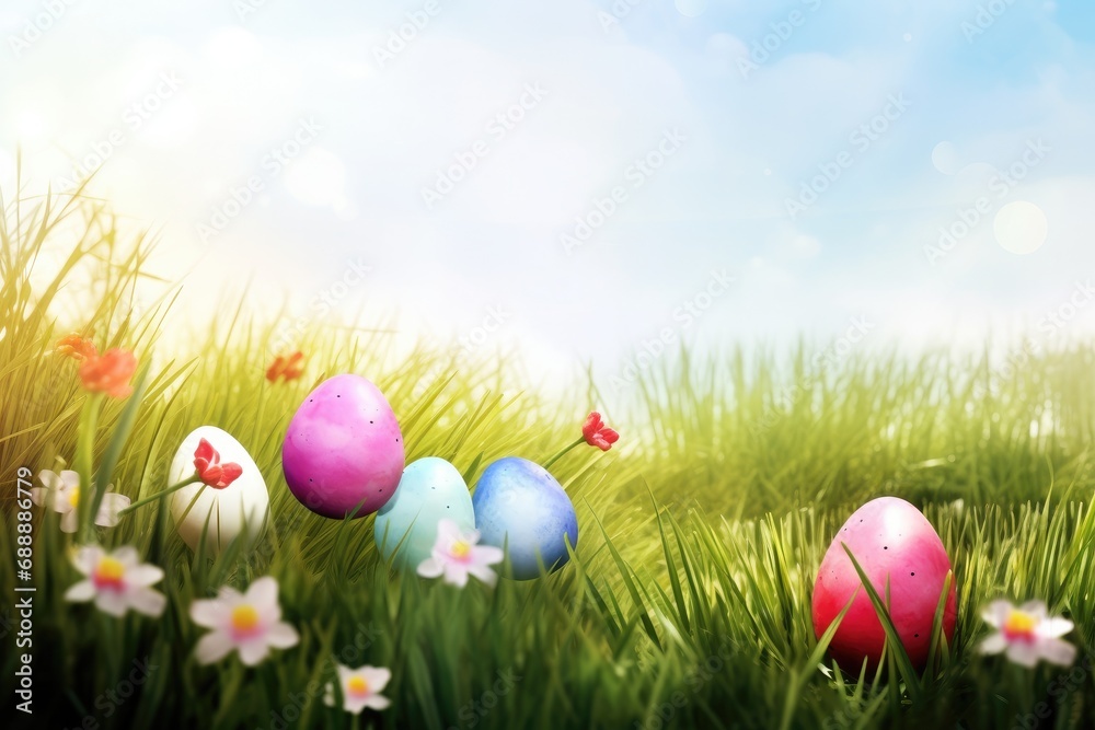 Easter eggs in spring meadow. Holiday Background Generative ai Easter eggs in spring meadow. Holiday Background Generative ai