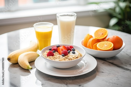 Homemade Delicious Breakfast: Enjoy a Delicious Homemade Breakfast at Home, featuring Fresh Juices, Eggs, Fruits, and a Cozy Atmosphere that Nourishes and Delights.