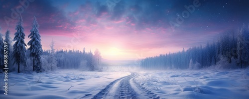 Banner with winter panorama landscape. Forest, trees and road covered snow. Sunrise, winterly morning of a new day. Purple landscape with sunset. Happy New Year and Christmas concept photo