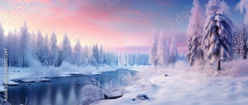 Beautiful white winter wonderland scenery with crystal clear lake in forest on cold sunny day with blue sky and clouds. Frosty cold winter day. Big lake in the woods. Winter Christmas landscape