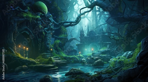 Enchanted Forest with Mystical Structures