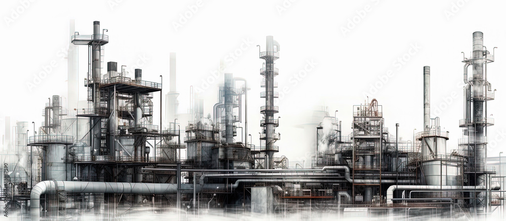 Industrial area with steel infrastructure on white background, Double exposure. Technical black and white drawing. Generative AI - obrazy, fototapety, plakaty 