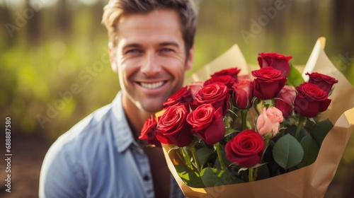 Valentine's Love: Man Expresses Love, Surprising His Partner with Red Roses and a Handwritten Love Note on a Romantic Valentine's Morning.