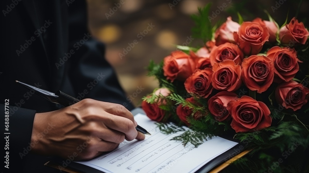 Φωτογραφία Valentine's Love: Man Expresses Love, Surprising His Partner with Red Roses and a Handwritten Love Note on a Romantic Valentine's Morning