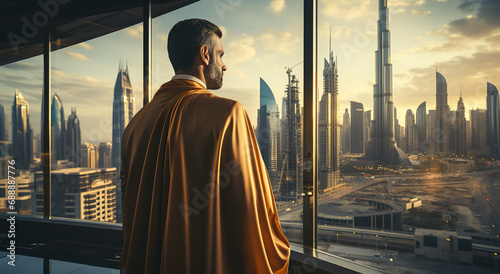 Arab businessman in traditional clothing stands in his office against a backdrop of skyscrapers. Back view. Generative AI