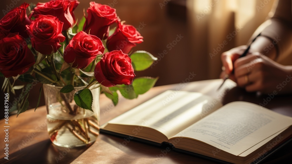 Φωτογραφία Valentine's Love: Man Expresses Love, Surprising His Partner with Red Roses and a Handwritten Love Note on a Romantic Valentine's Morning