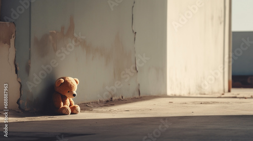 Lonely forgotten stuffed bear toy sitting against an empty room with morning sunlight and shadows against the wall, sad broken spirit waiting for someone to pick him up and take to a new home.