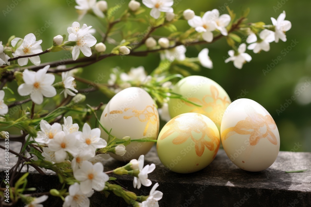 Fototapeta premium Easter eggs in spring meadow. Holiday Background Generative ai