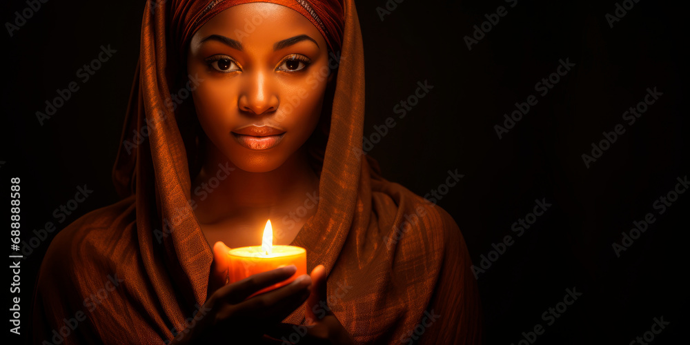 Φωτογραφία Candle of Faith: A Muslim Woman in a Turban Holds a Candle in Front of Her, Illuminating the Dark Background with Faith, Hope, and Cultural Devotion