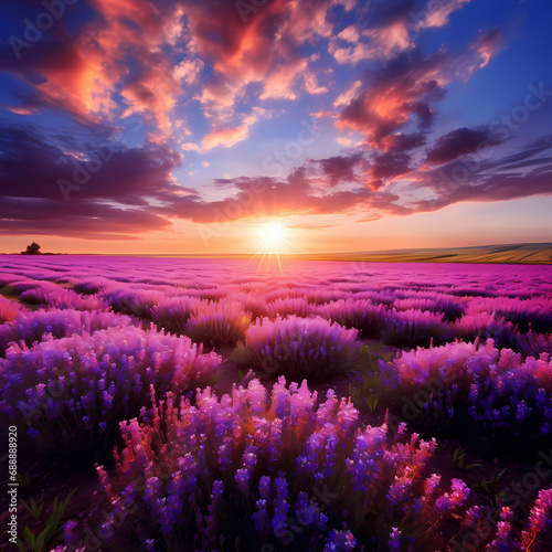 A vibrant sunset over a field of lavender