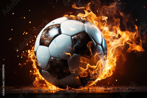 Soccer ball in action  The ball travels with lightning speed and glowing orange flame effects. Fire soccer ball effect with fire.by generated AI