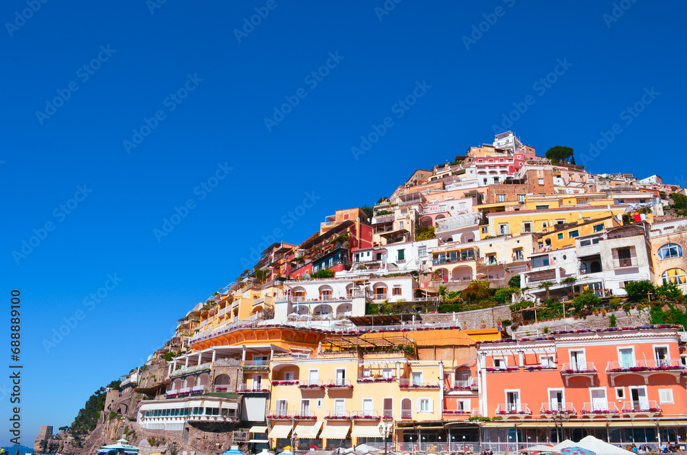 Amalfi coast colorful architecture with deep blue sky background