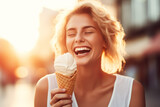 A happy young caucasian woman holding ice cream cone. 