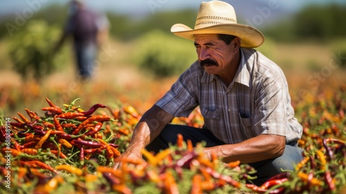 Spicy Harvest: A Mexican Farmer, Bathed in Sunlight, Inspects Rows of Chili Pepper Plants, Capturing the Essence of Traditional Agriculture and the Skill of Pepper Farming.
