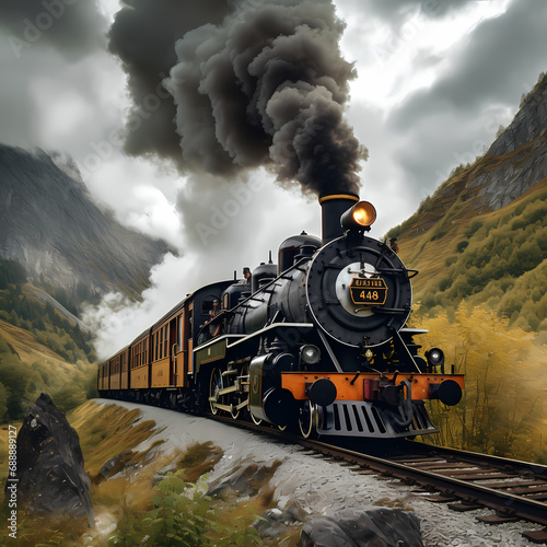 A vintage steam locomotive chugging through a mountain pass