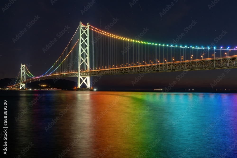 レインボーカラーにライトアップされた明石海峡大橋の情景