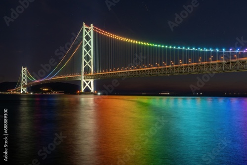 レインボーカラーにライトアップされた明石海峡大橋の情景 photo