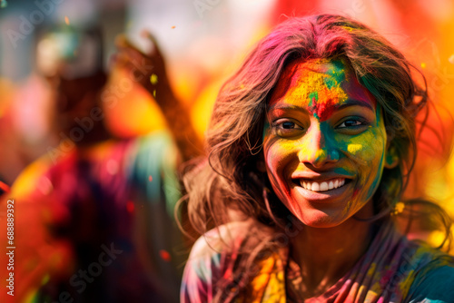 Dancing Colors of Holi: Witness the Cultural Extravaganza as a Joyful Indian Woman, with a Colored Face, Engages in Traditional Dance Amidst the Festive Celebrations.