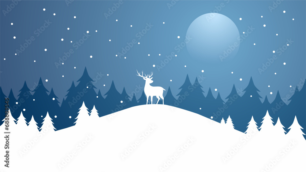 Winter silhouette landscape vector illustration. Scenery of reindeer silhouette in the pine forest snow hill. Cold season landscape for illustration, background or wallpaper