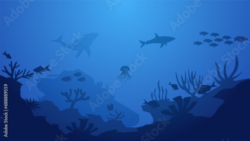 Seascape vector illustration. Scenery of shipwreck in the bottom sea with fish and coral reef. Sea world landscape for illustration, background or wallpaper © Moleng