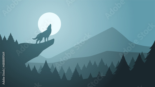 Wildlife wolf landscape vector illustration. Scenery of wolf howling silhouette in the cliff. Wolf wildlife landscape for illustration, background or wallpaper