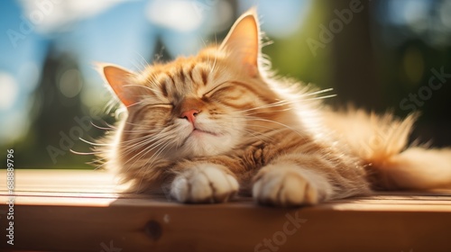 A stylish cat, wearing sunglasses, lying on o wodden deck, under the sun