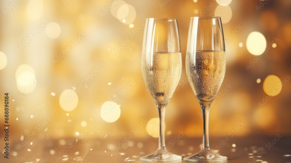 Two glasses of champagne on bokeh background. New Year celebration Two glasses of champagne on bokeh background. New Year celebration