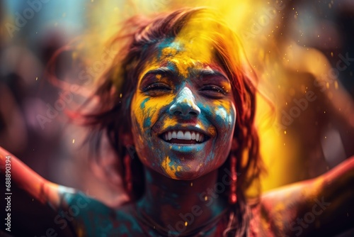 Dancing Colors of Holi: Witness the Cultural Extravaganza as a Joyful Indian Woman, with a Colored Face, Engages in Traditional Dance Amidst the Festive Celebrations.





