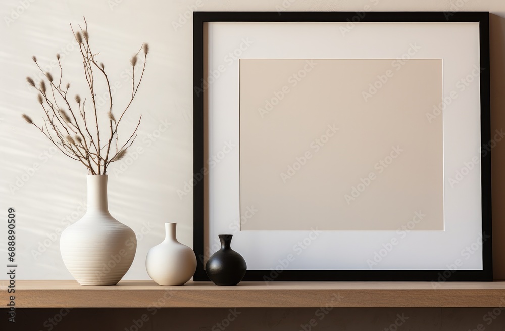 Photo frame for wall art with wall decor and vases on wooden table in a neutral interior with light windows. Photo frame for wall art with wall decor and vases on wooden table in a neutral interior with light windows.
