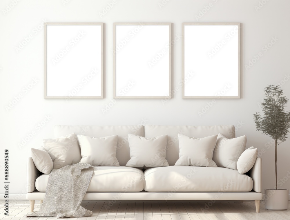 Three wall frames mockup with mirror and white couch in a lounge in white room. Three wall frames mockup with mirror and white couch in a lounge in white room.