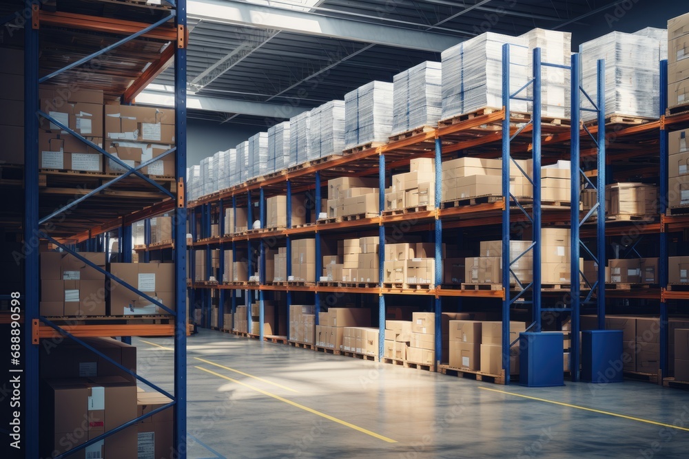 Interior of a modern warehouse storage of retail shop with pallet truck near shelves. Interior of a modern warehouse storage of retail shop with pallet truck near shelves.