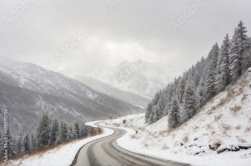 Road in the mountains, winter mountains forest landscape