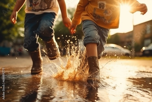 A group of children are seen playing in nature, wearing rain boots and some waterproof clothing, jumping and splashing in the muddy ground | Exploring Nature with Galoshes and Raincoats 