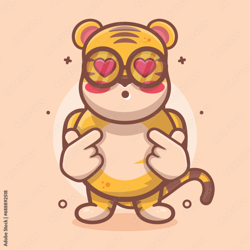 kawaii tiger animal character mascot with love sign hand gesture isolated cartoon