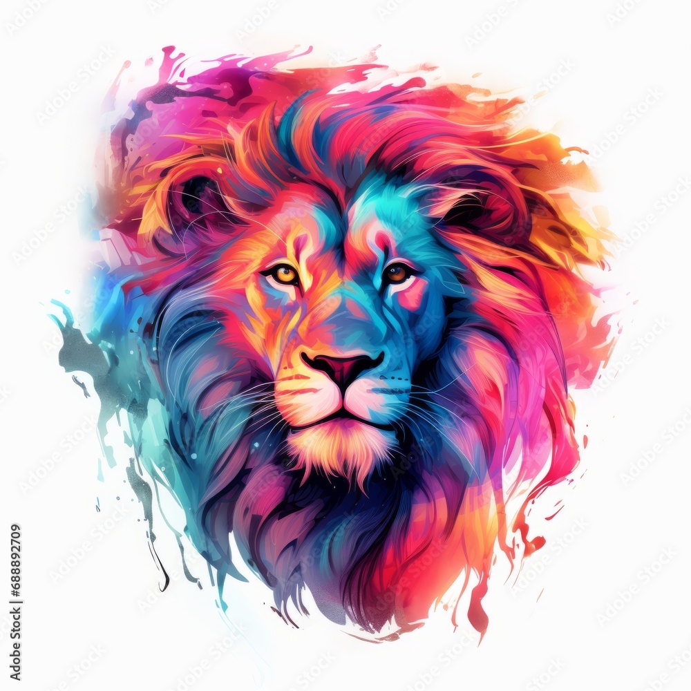 Lion. The head of a lion in a multi-colored flame. Abstract multicolored profile portrait of a lion head on a white background