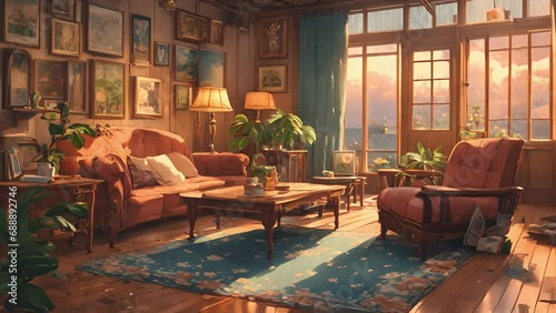 rain pours outside, find yourself quaint vintage living room, surrounded antique furniture vintage posters. soft sound rain against window adds relaxed nostalgic feel stream overlay animation photo