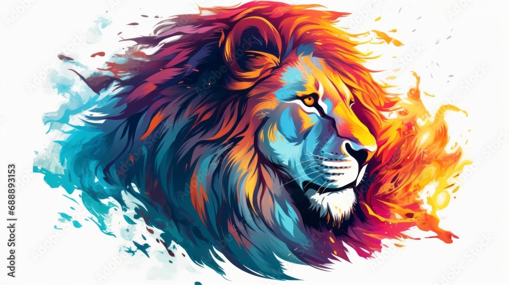 Lion. The head of a lion in a multi-colored flame. Abstract multicolored profile portrait of a lion head on a white background