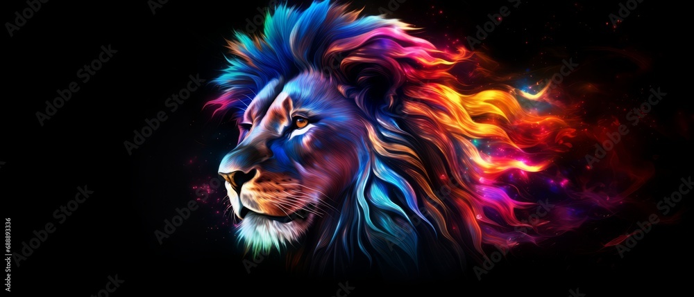 Lion. The head of a lion in a multi-colored flame. Abstract multicolored profile portrait of a lion head on a black background