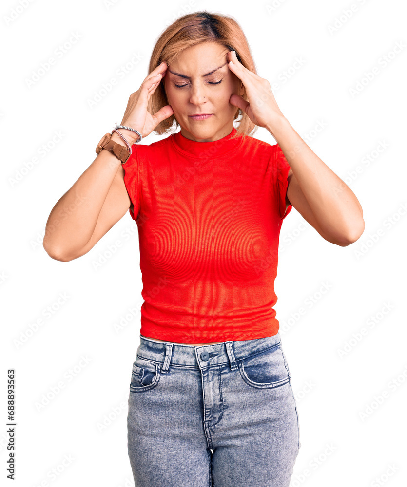 Young blonde woman wearing casual clothes with hand on head for pain in head because stress. suffering migraine. Young blonde woman wearing casual clothes with hand on head for pain in head because stress. suffering migraine.