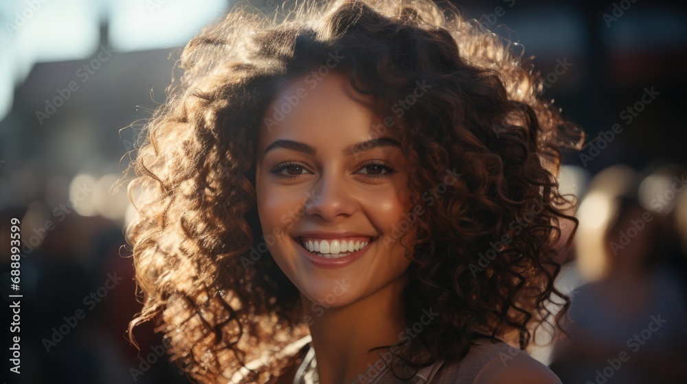 Young brunette woman smiling outdoor at summer day Young brunette woman smiling outdoor at summer day