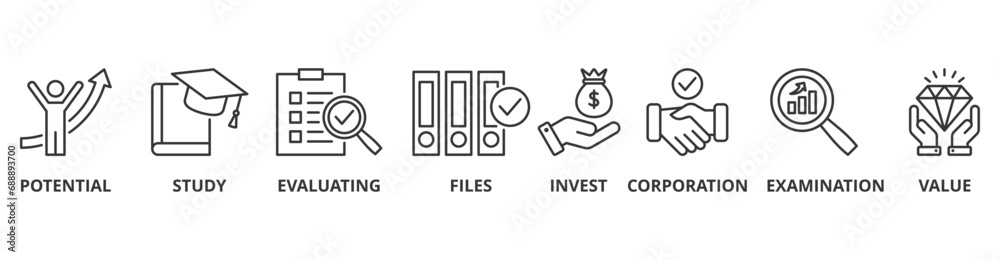 Due diligence banner web icon vector illustration concept with icon of potential, study, evaluating, files, invest, corporation, examination and value - obrazy, fototapety, plakaty 
